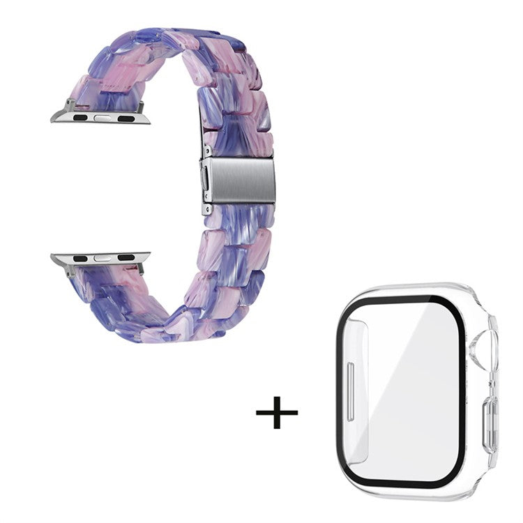 For Apple Watch Series 6 / 5 / 4 / SE / SE (2022) 44mm 3 Beads Resin Watch Band Stainless Steel Folding Clasp Strap with Transparent Watch Case - Purple Pink Mix