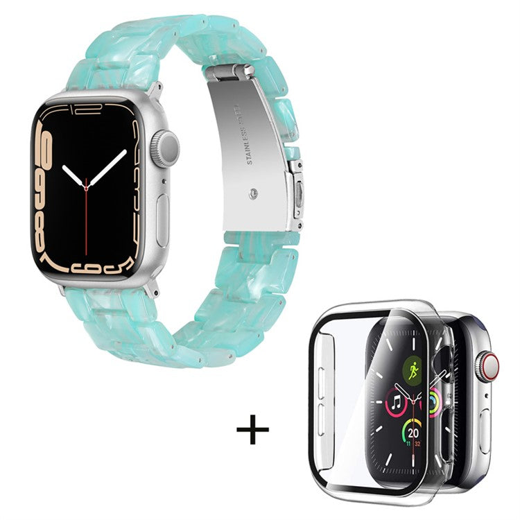 For Apple Watch Series 3 / 2 / 1 42mm Watch Band 3 Beads Resin Stainless Steel Folding Clasp Wrist Strap with Transparent Watch Case - Emerald Green