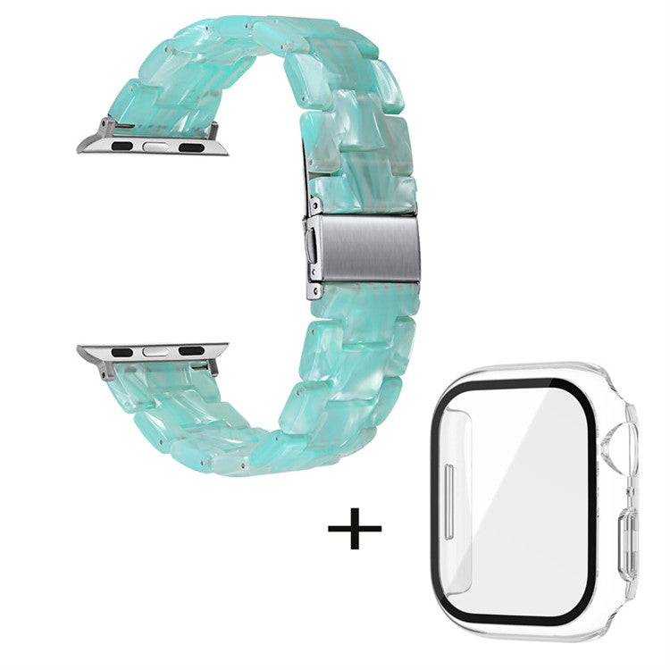 For Apple Watch Series 3 / 2 / 1 42mm Watch Band 3 Beads Resin Stainless Steel Folding Clasp Wrist Strap with Transparent Watch Case - Emerald Green
