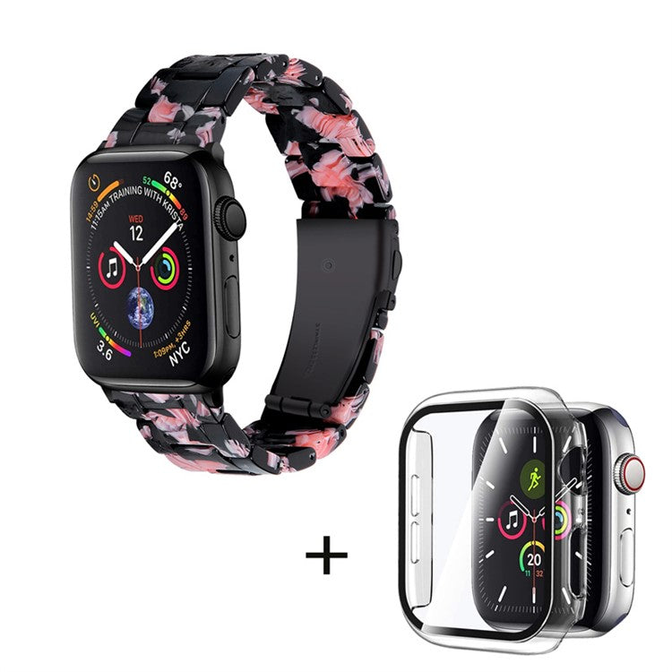 For Apple Watch Series 3 / 2 / 1 42mm Watch Band 3 Beads Resin Stainless Steel Folding Clasp Wrist Strap with Transparent Watch Case - Black Pink Mix