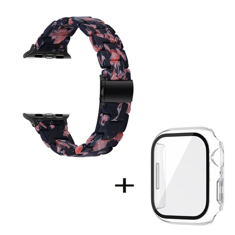 For Apple Watch Series 3 / 2 / 1 42mm Watch Band 3 Beads Resin Stainless Steel Folding Clasp Wrist Strap with Transparent Watch Case - Black Pink Mix