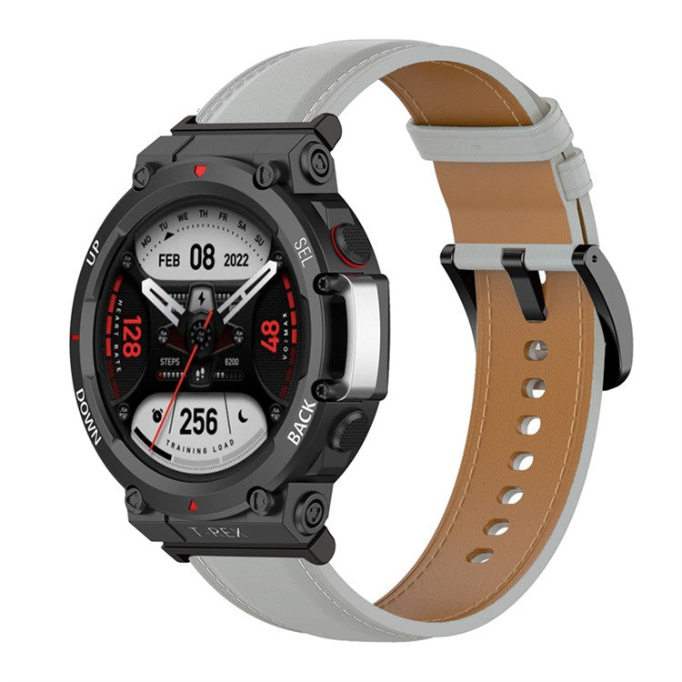 For Huami Amazfit T-Rex 2 Genuine Leather Replacement Watch Strap Adjustable Wrist Band with Tool - Grey