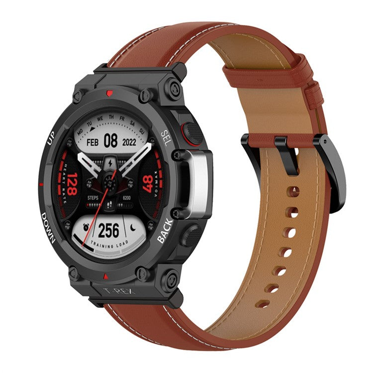 For Huami Amazfit T-Rex 2 Genuine Leather Replacement Watch Strap Adjustable Wrist Band with Tool - Dark Brown