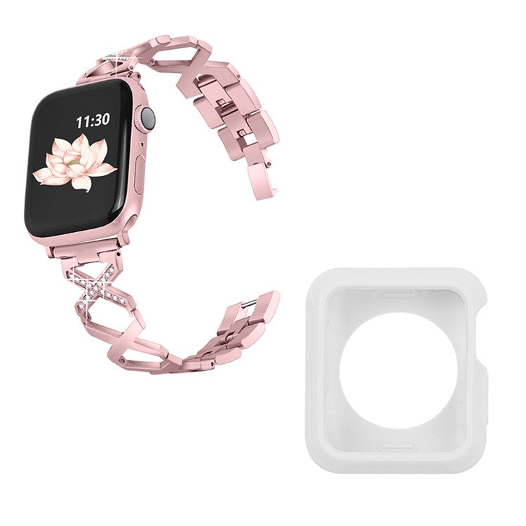 For Apple Watch Series 3 / 2 / 1 42mm X-Shape Rhinestones Decor Hollow Stainless Steel Wrist Strap + White TPU Watch Case - Rose Pink