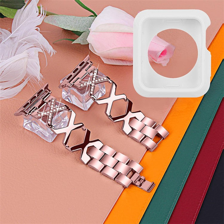 For Apple Watch Series 3 / 2 / 1 42mm X-Shape Rhinestones Decor Hollow Stainless Steel Wrist Strap + White TPU Watch Case - Rose Pink