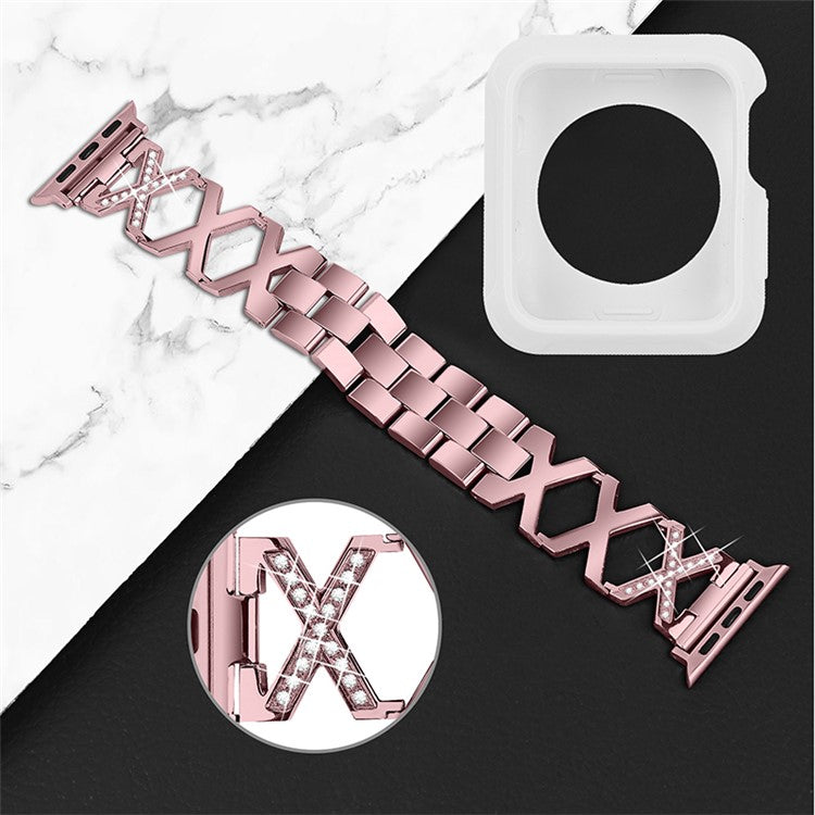 For Apple Watch Series 3 / 2 / 1 42mm X-Shape Rhinestones Decor Hollow Stainless Steel Wrist Strap + White TPU Watch Case - Rose Pink