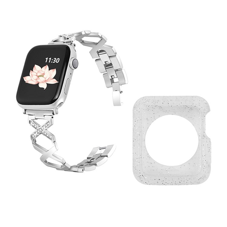 For Apple Watch Series 3 / 2 / 1 42mm Hollow X-Shape Rhinestones Decor Stainless Steel Replacement Strap + Glitter Silver TPU Watch Case - Silver