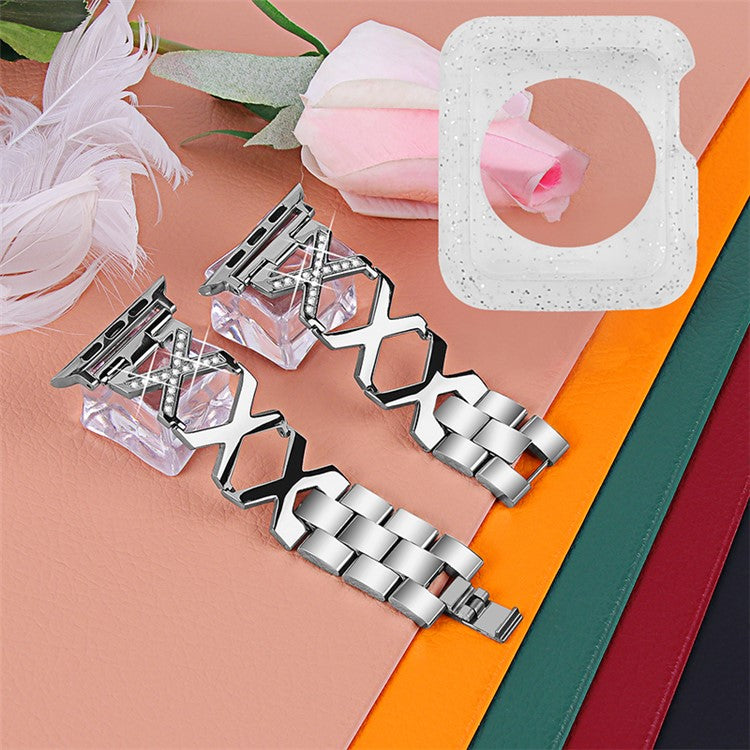 For Apple Watch Series 3 / 2 / 1 42mm Hollow X-Shape Rhinestones Decor Stainless Steel Replacement Strap + Glitter Silver TPU Watch Case - Silver