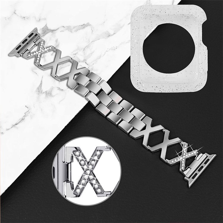 For Apple Watch Series 3 / 2 / 1 42mm Hollow X-Shape Rhinestones Decor Stainless Steel Replacement Strap + Glitter Silver TPU Watch Case - Silver