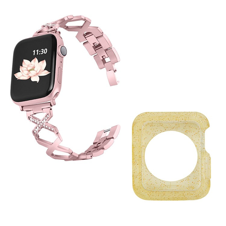 For Apple Watch Series 3 / 2 / 1 42mm Hollow X-Shape Rhinestones Decor Stainless Steel Smartwatch Strap + Yellow TPU Protective Case - Rose Pink