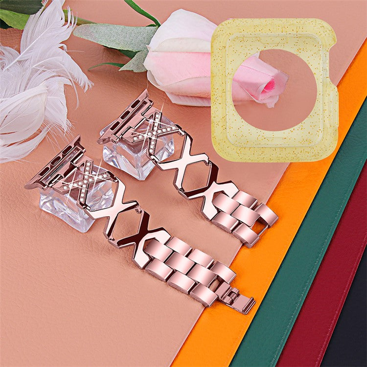 For Apple Watch Series 3 / 2 / 1 42mm Hollow X-Shape Rhinestones Decor Stainless Steel Smartwatch Strap + Yellow TPU Protective Case - Rose Pink