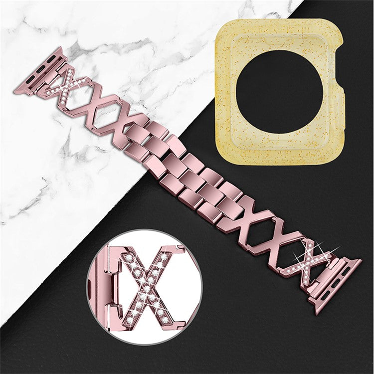For Apple Watch Series 3 / 2 / 1 42mm Hollow X-Shape Rhinestones Decor Stainless Steel Smartwatch Strap + Yellow TPU Protective Case - Rose Pink