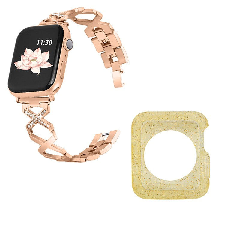 For Apple Watch Series 3 / 2 / 1 42mm Hollow X-Shape Rhinestones Decor Stainless Steel Smartwatch Strap + Yellow TPU Protective Case - Rose Gold