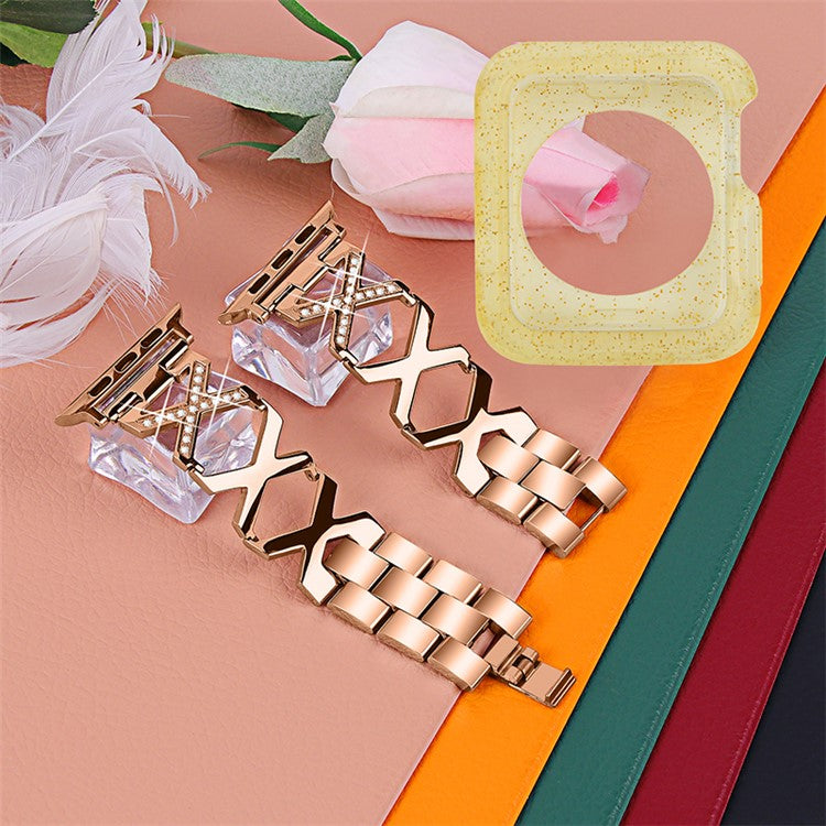 For Apple Watch Series 3 / 2 / 1 42mm Hollow X-Shape Rhinestones Decor Stainless Steel Smartwatch Strap + Yellow TPU Protective Case - Rose Gold
