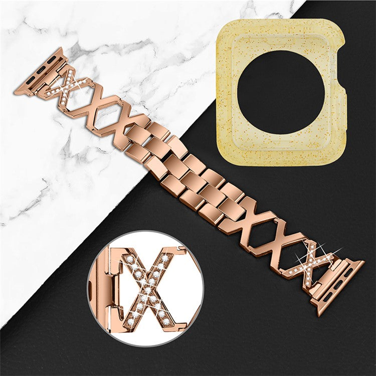 For Apple Watch Series 3 / 2 / 1 42mm Hollow X-Shape Rhinestones Decor Stainless Steel Smartwatch Strap + Yellow TPU Protective Case - Rose Gold