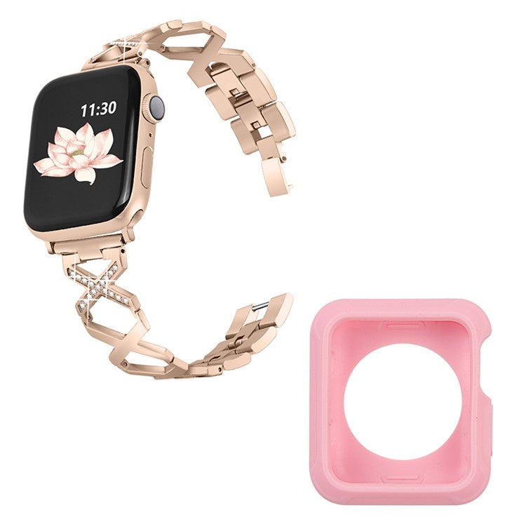 For Apple Watch Series 3 / 2 / 1 42mm Replacement Strap Hollow X-Shape Rhinestones Decor Stainless Steel Band + Pink TPU Protective Case - Gold