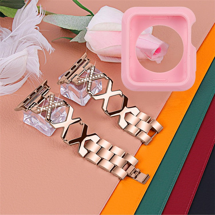 For Apple Watch Series 3 / 2 / 1 42mm Replacement Strap Hollow X-Shape Rhinestones Decor Stainless Steel Band + Pink TPU Protective Case - Gold