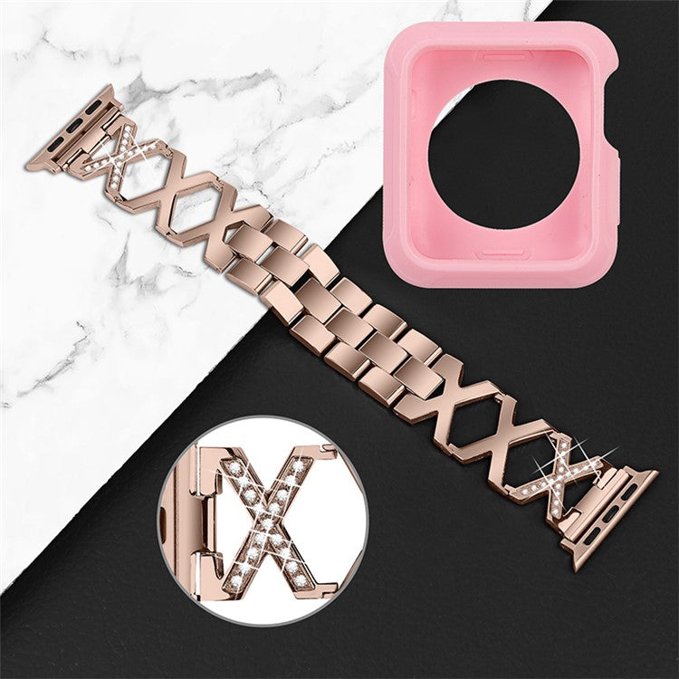 For Apple Watch Series 3 / 2 / 1 42mm Replacement Strap Hollow X-Shape Rhinestones Decor Stainless Steel Band + Pink TPU Protective Case - Gold