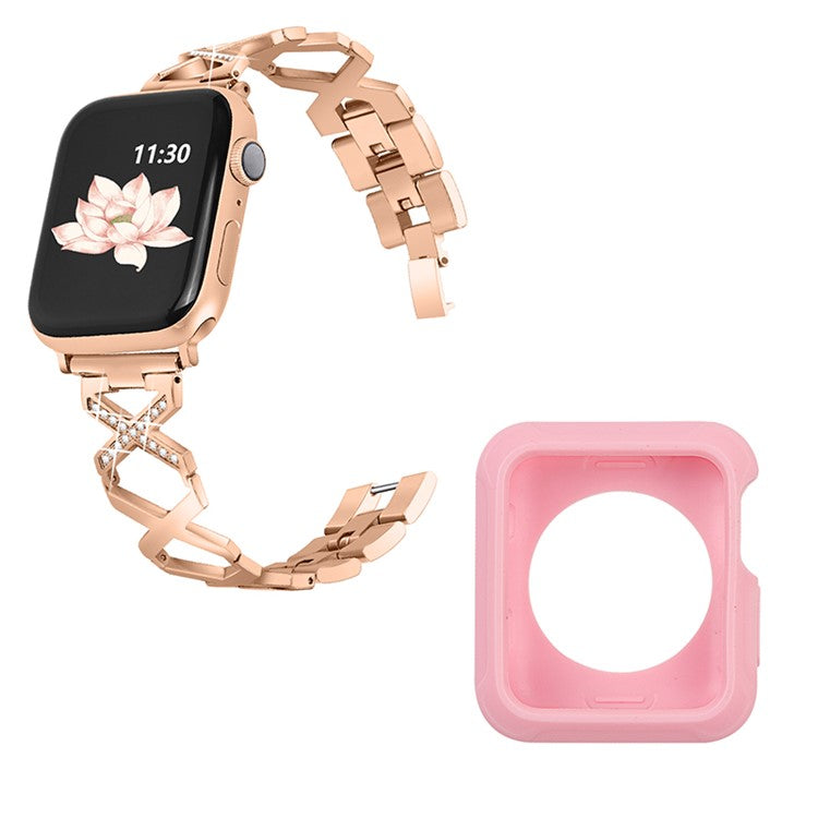 For Apple Watch Series 3 / 2 / 1 42mm Replacement Strap Hollow X-Shape Rhinestones Decor Stainless Steel Band + Pink TPU Protective Case - Rose Gold