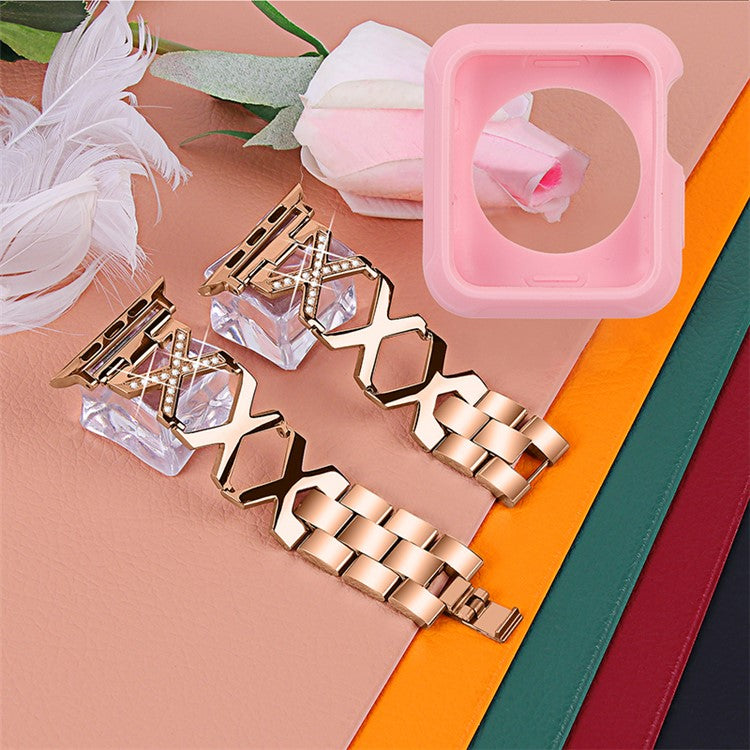 For Apple Watch Series 3 / 2 / 1 42mm Replacement Strap Hollow X-Shape Rhinestones Decor Stainless Steel Band + Pink TPU Protective Case - Rose Gold