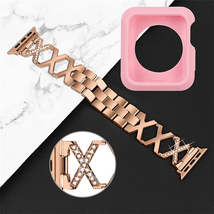 For Apple Watch Series 3 / 2 / 1 42mm Replacement Strap Hollow X-Shape Rhinestones Decor Stainless Steel Band + Pink TPU Protective Case - Rose Gold