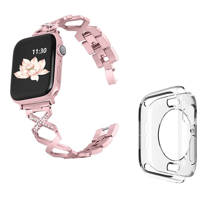 For Apple Watch Series 3 / 2 / 1 42mm Hollow X-Shape Shiny Rhinestones Decor Stainless Steel Strap + Transparent TPU Anti-Scratch Watch Case - Rose Pink