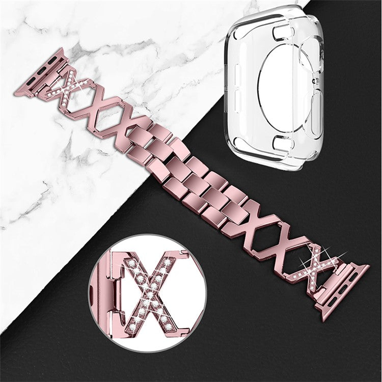 For Apple Watch Series 3 / 2 / 1 42mm Hollow X-Shape Shiny Rhinestones Decor Stainless Steel Strap + Transparent TPU Anti-Scratch Watch Case - Rose Pink