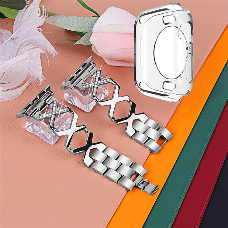 For Apple Watch Series 3 / 2 / 1 42mm Hollow X-Shape Shiny Rhinestones Decor Stainless Steel Strap + Transparent TPU Anti-Scratch Watch Case - Silver