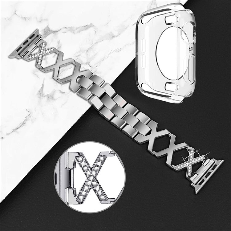 For Apple Watch Series 3 / 2 / 1 42mm Hollow X-Shape Shiny Rhinestones Decor Stainless Steel Strap + Transparent TPU Anti-Scratch Watch Case - Silver