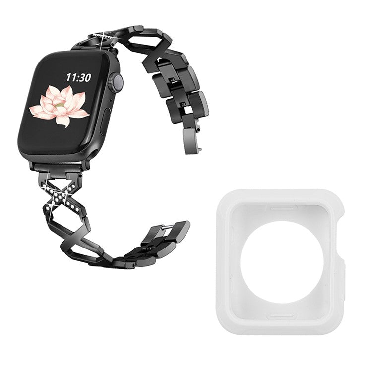 For Apple Watch Series 3 / 2 / 1 38mm Rhinestones Decor Hollow X-Shape Stainless Steel Watch Strap + White TPU Anti-Drop Watch Case - Black