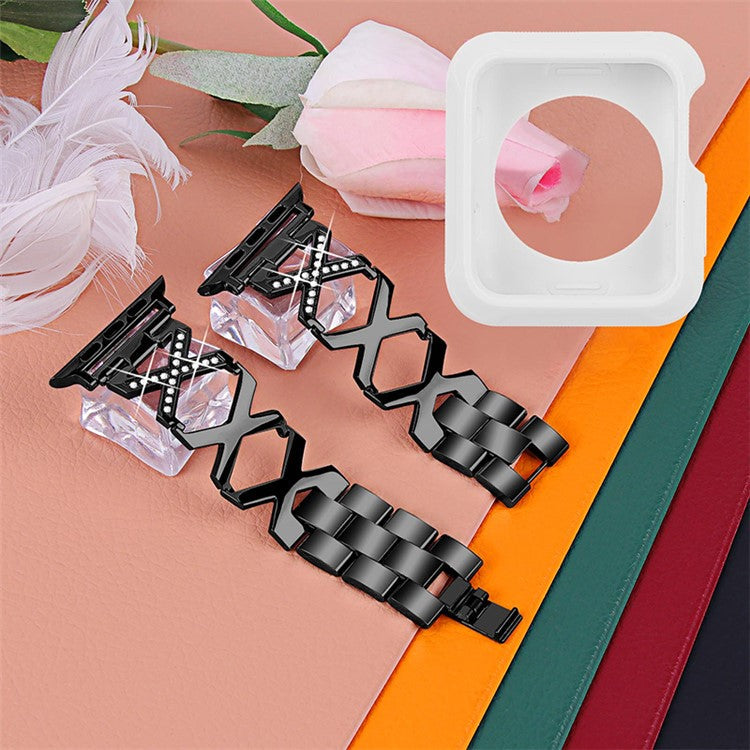 For Apple Watch Series 3 / 2 / 1 38mm Rhinestones Decor Hollow X-Shape Stainless Steel Watch Strap + White TPU Anti-Drop Watch Case - Black