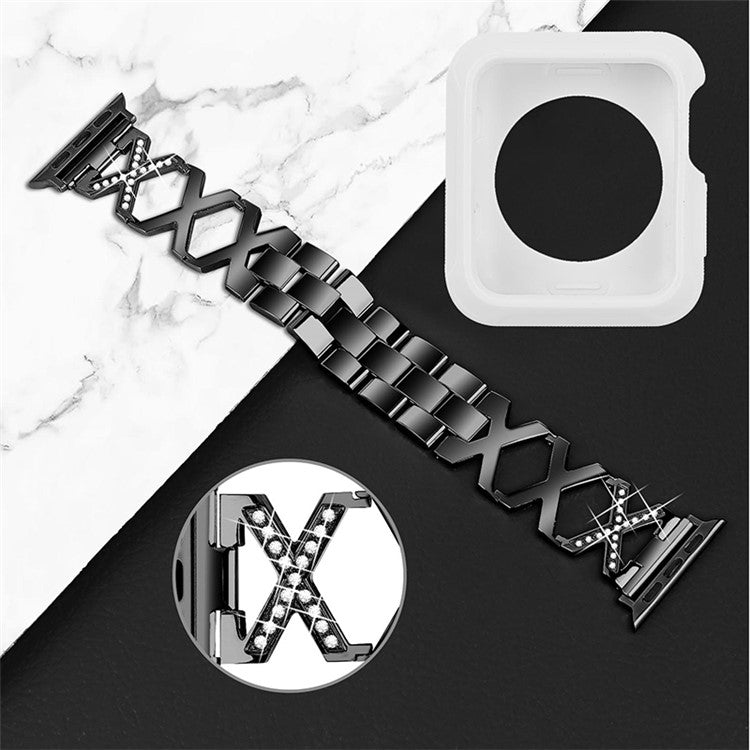 For Apple Watch Series 3 / 2 / 1 38mm Rhinestones Decor Hollow X-Shape Stainless Steel Watch Strap + White TPU Anti-Drop Watch Case - Black
