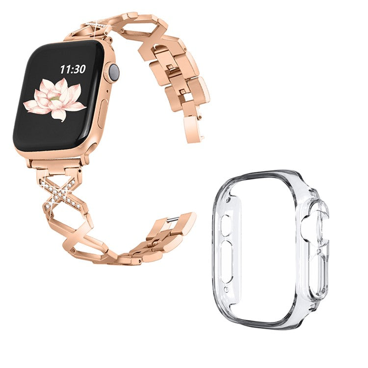 For Apple Watch Ultra 49mm Rhinestone Decor Watch Band X-shaped Stainless Steel Bracelet with Transparent Watch Bumper Frame - Rose Gold