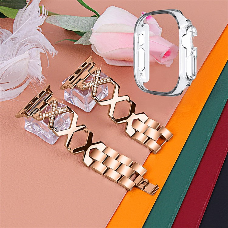 For Apple Watch Ultra 49mm Rhinestone Decor Watch Band X-shaped Stainless Steel Bracelet with Transparent Watch Bumper Frame - Rose Gold