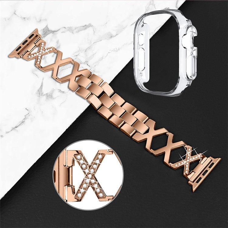 For Apple Watch Ultra 49mm Rhinestone Decor Watch Band X-shaped Stainless Steel Bracelet with Transparent Watch Bumper Frame - Rose Gold