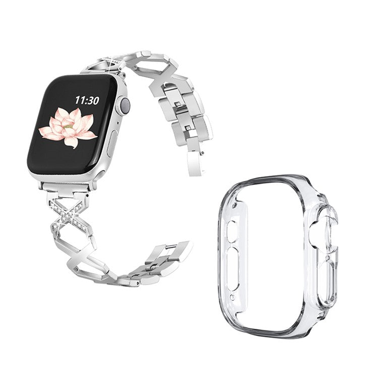 For Apple Watch Ultra 49mm Rhinestone Decor Watch Band X-shaped Stainless Steel Bracelet with Transparent Watch Bumper Frame - Silver