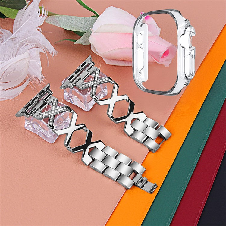 For Apple Watch Ultra 49mm Rhinestone Decor Watch Band X-shaped Stainless Steel Bracelet with Transparent Watch Bumper Frame - Silver