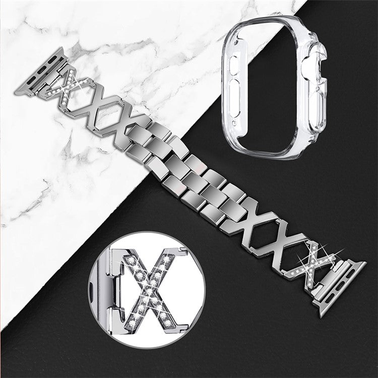 For Apple Watch Ultra 49mm Rhinestone Decor Watch Band X-shaped Stainless Steel Bracelet with Transparent Watch Bumper Frame - Silver