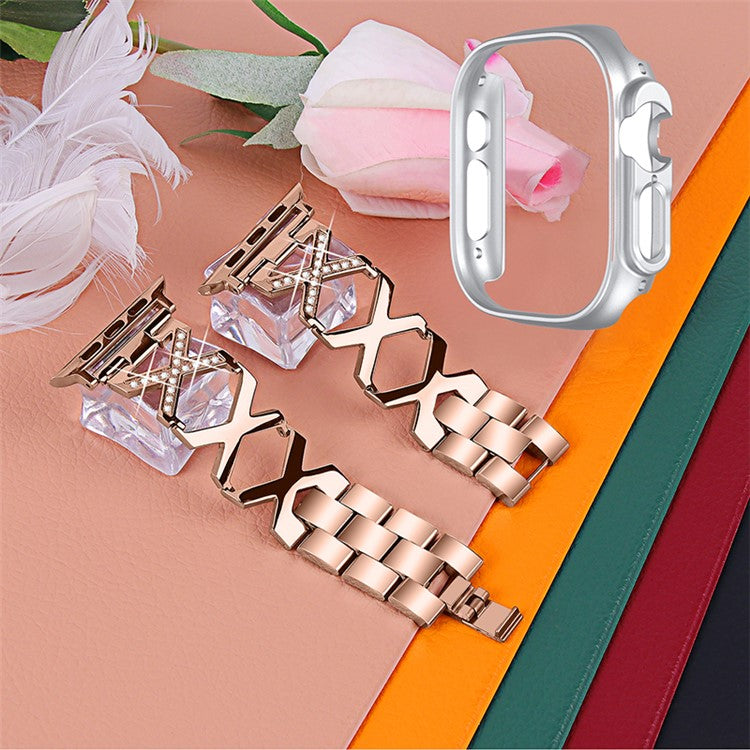 For Apple Watch Ultra 49mm X-shaped Stainless Steel Watch Band Rhinestone Decor Replacement Strap with Silver PC Watch Cover Frame - Gold