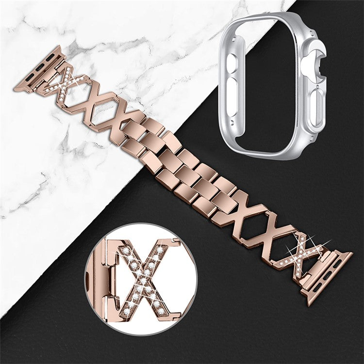 For Apple Watch Ultra 49mm X-shaped Stainless Steel Watch Band Rhinestone Decor Replacement Strap with Silver PC Watch Cover Frame - Gold