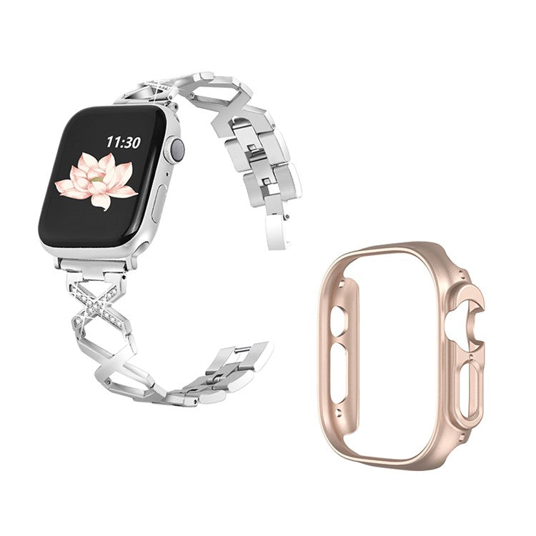For Apple Watch Ultra 49mm Rhinestone Decor Bling Watch Band X-shaped Stainless Steel Strap with Rose Gold PC Hollow Watch Case - Silver