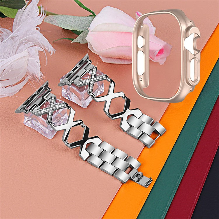 For Apple Watch Ultra 49mm Rhinestone Decor Bling Watch Band X-shaped Stainless Steel Strap with Rose Gold PC Hollow Watch Case - Silver