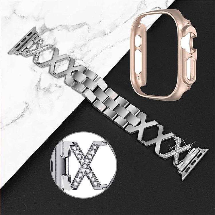 For Apple Watch Ultra 49mm Rhinestone Decor Bling Watch Band X-shaped Stainless Steel Strap with Rose Gold PC Hollow Watch Case - Silver