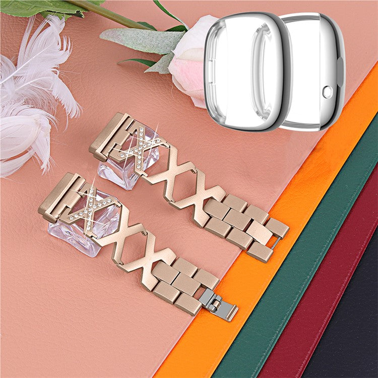 For Fitbit Versa 3 / Sense Rhinestone Decor X-shaped Watch Band Strap Bracelet Replacement with Silver All-round Protection TPU Watch Case - Gold