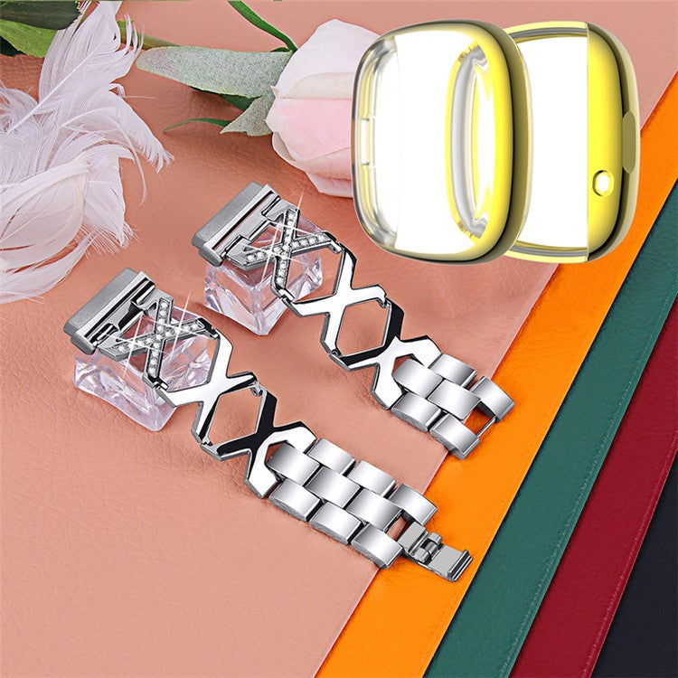 For Fitbit Versa 3 / Sense Watch Band Strap X-shaped Hollow Rhinestone Decor Bracelet Replacement with Gold Full Protection TPU Watch Cover - Silver