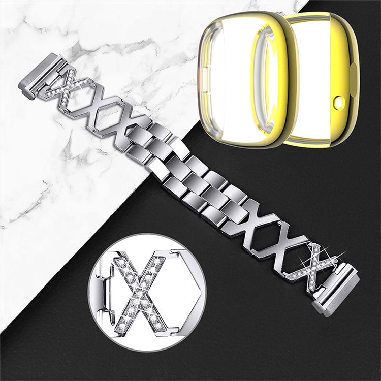 For Fitbit Versa 3 / Sense Watch Band Strap X-shaped Hollow Rhinestone Decor Bracelet Replacement with Gold Full Protection TPU Watch Cover - Silver