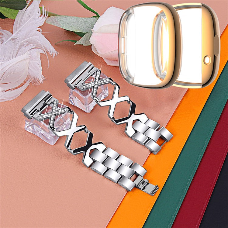 For Fitbit Versa 3 / Sense Watch Band Bracelet X-shaped Hollow Shiny Rhinestone Wrist Strap with Rose Gold Full Cover TPU Watch Case - Silver