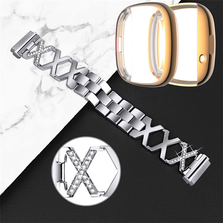 For Fitbit Versa 3 / Sense Watch Band Bracelet X-shaped Hollow Shiny Rhinestone Wrist Strap with Rose Gold Full Cover TPU Watch Case - Silver