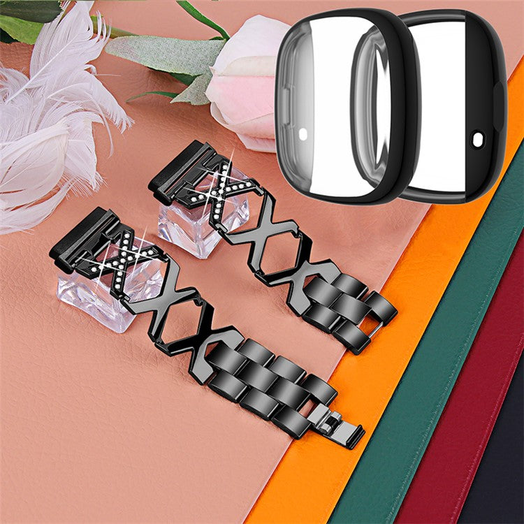 For Fitbit Versa 3 / Sense Replacement Watch Strap X-shaped Hollow Rhinestone Decor Wristband Bracelet with Black Full Protection TPU Watch Case - Black