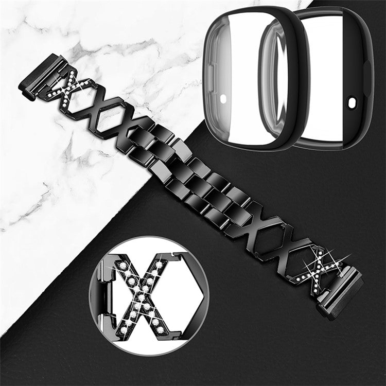 For Fitbit Versa 3 / Sense Replacement Watch Strap X-shaped Hollow Rhinestone Decor Wristband Bracelet with Black Full Protection TPU Watch Case - Black
